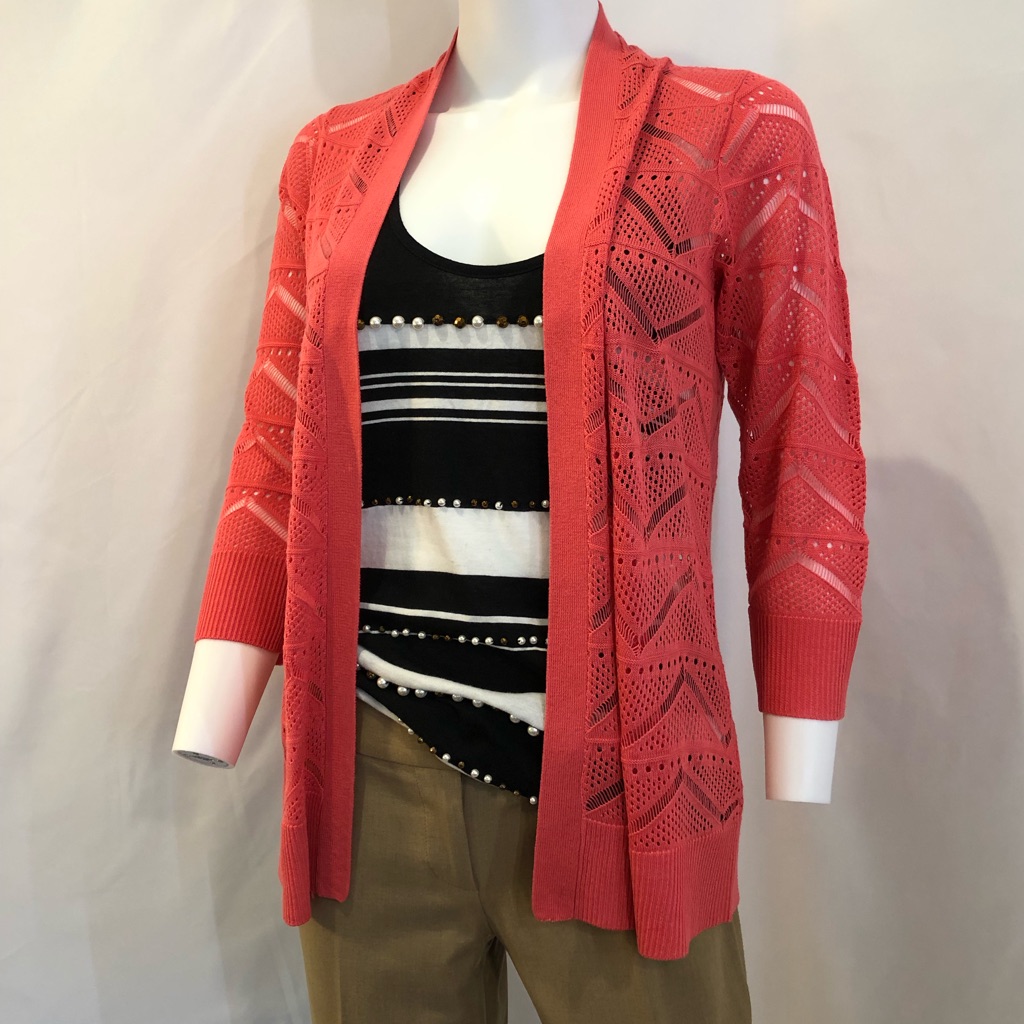 Cyrus, Crochet-Knit Coral Pink Sweater, Size S